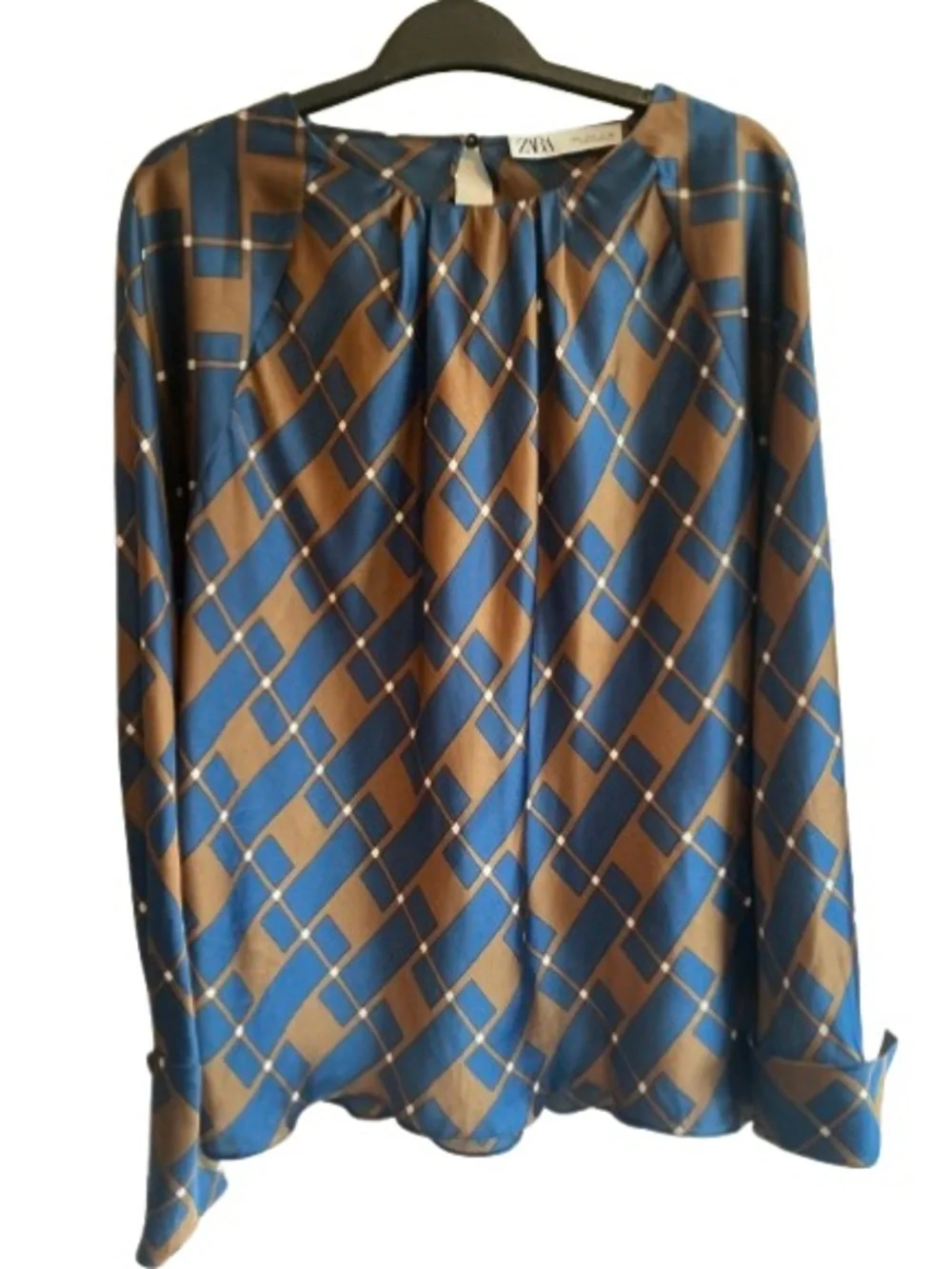 Zara Geometric Satin-Finish Long-Sleeved Blouse - Blue & Bronze - Size L - Picture 2 of 6